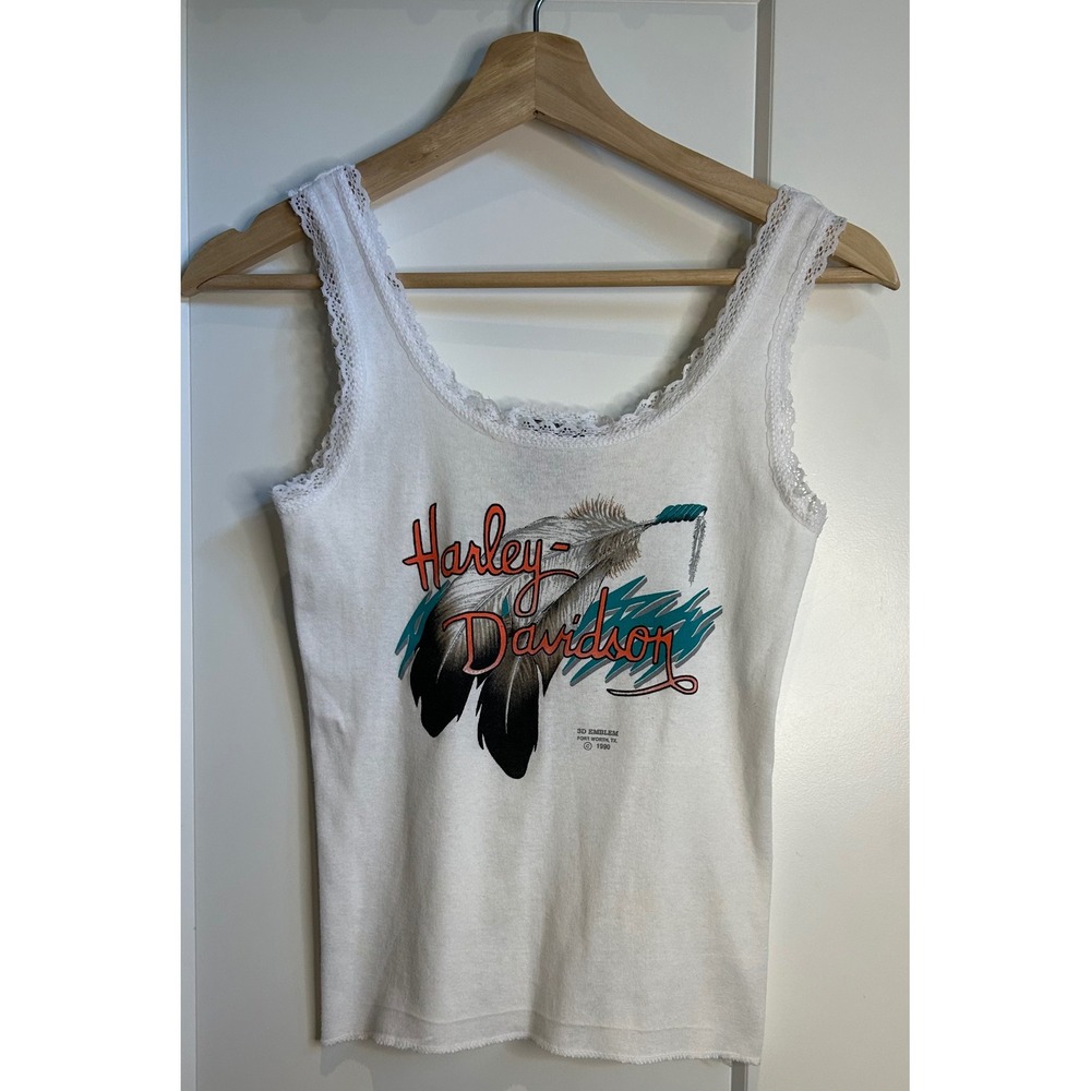 Vintage 1990 Harley Davidson 3D Emblem Lace Tank Top White Hawaiian Bikers M